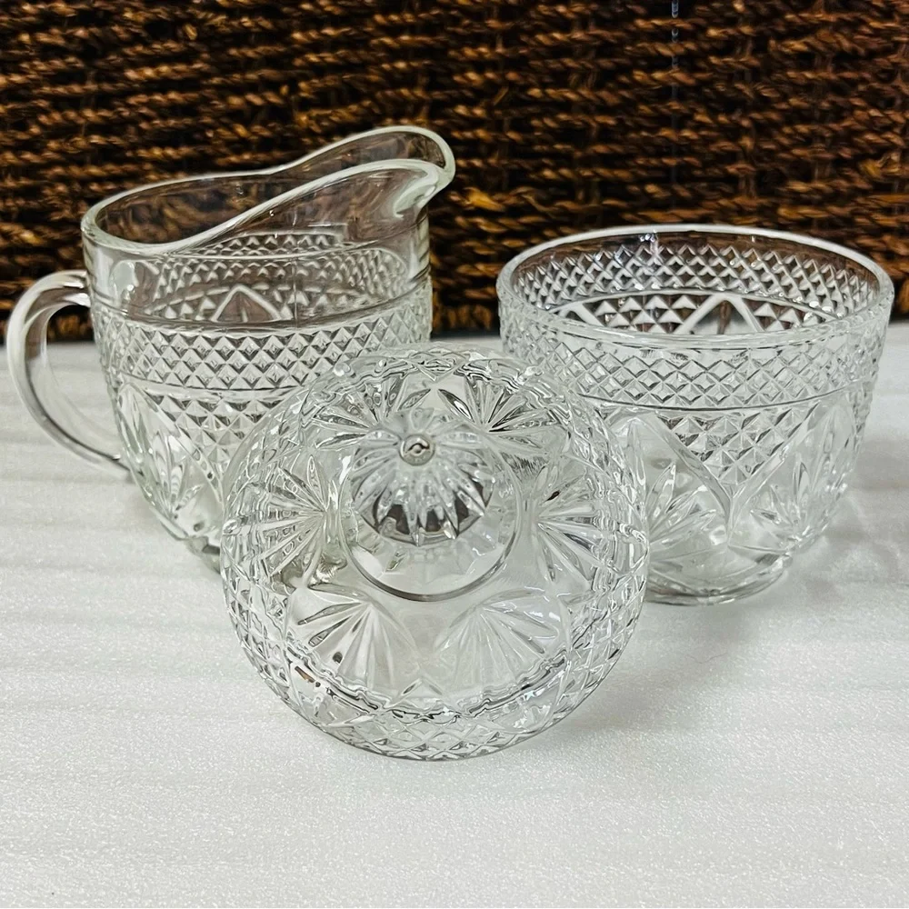 Vintage Anchor Hocking Pineapple Pattern Clear Glass Sugar Bowl & Creamer